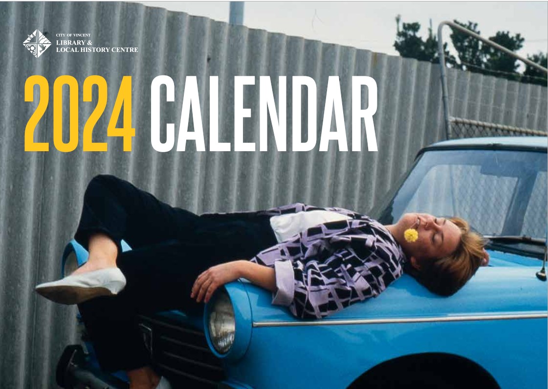 2024 Calendar, woman lying down on a blue vintage style car with a yellow carnation flower in her mouth