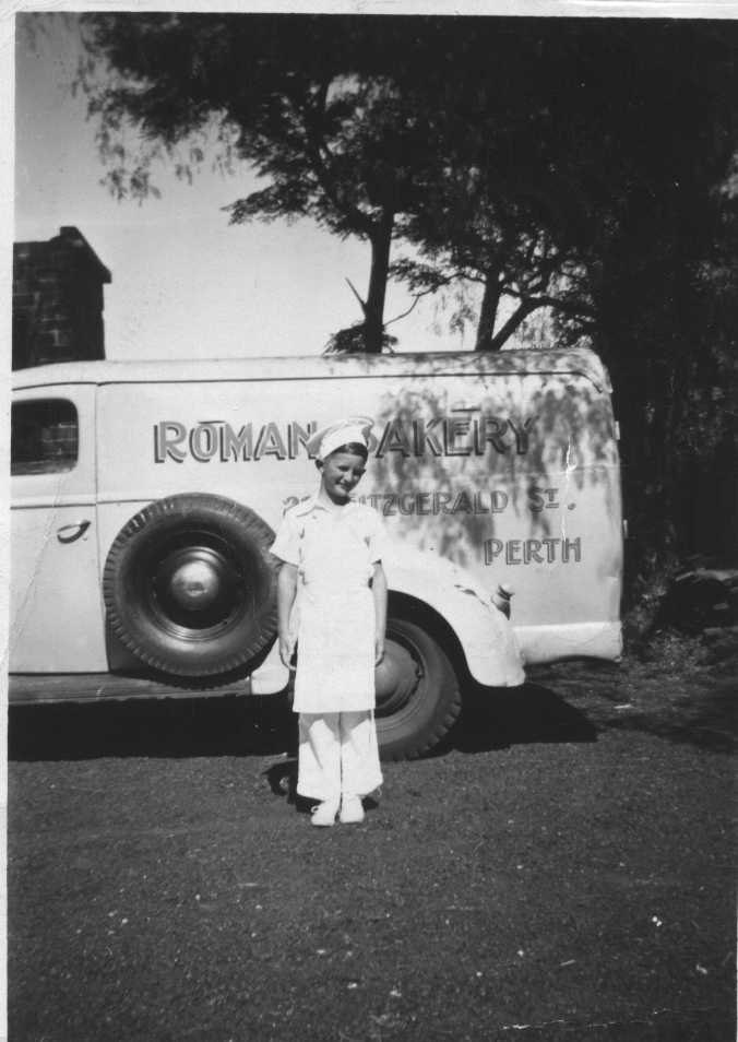 Nicholas Tolcon with Roman Bakery delivery van, 1948.